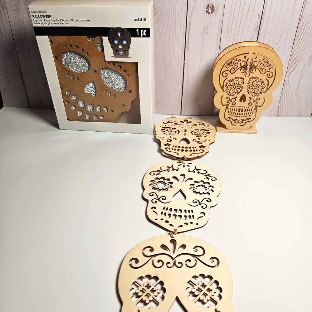 Light up wood Skull, Paper Mache skull and 3 hanging wooden Sugar Skulls DIY
